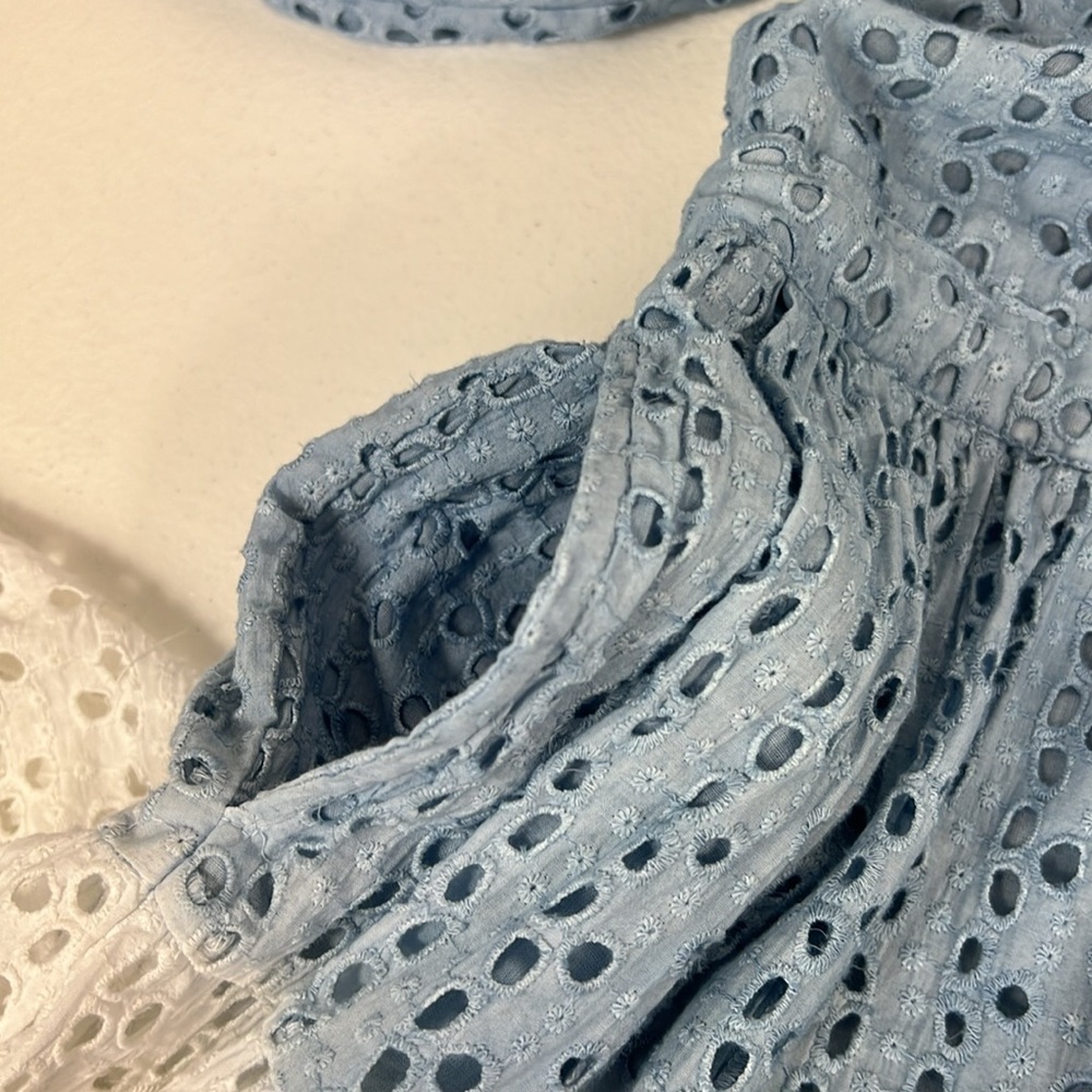 Super Natural Sz L Tiered Eyelet Dress V Neck Blue Ombre V Neck Puff Sleeves - Picture 7 of 13